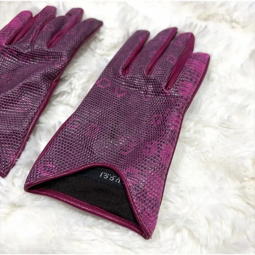GUCCI RARE LIZARD Skin Leather Pink Gold GG Insignia Gloves Size 7.5 Authentic - Picture 3 of 9
